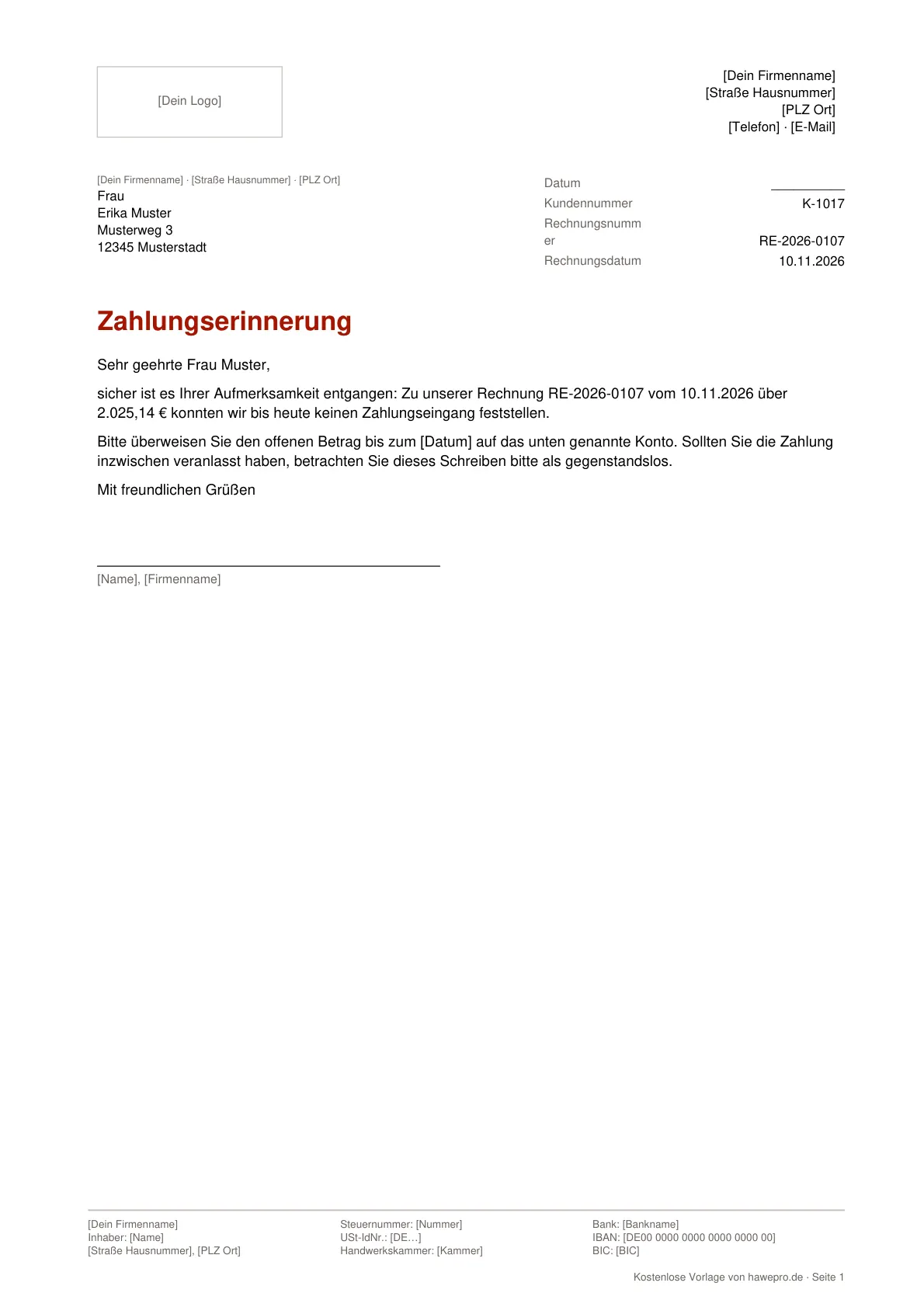 Vorschau: Mahnung Vorlage