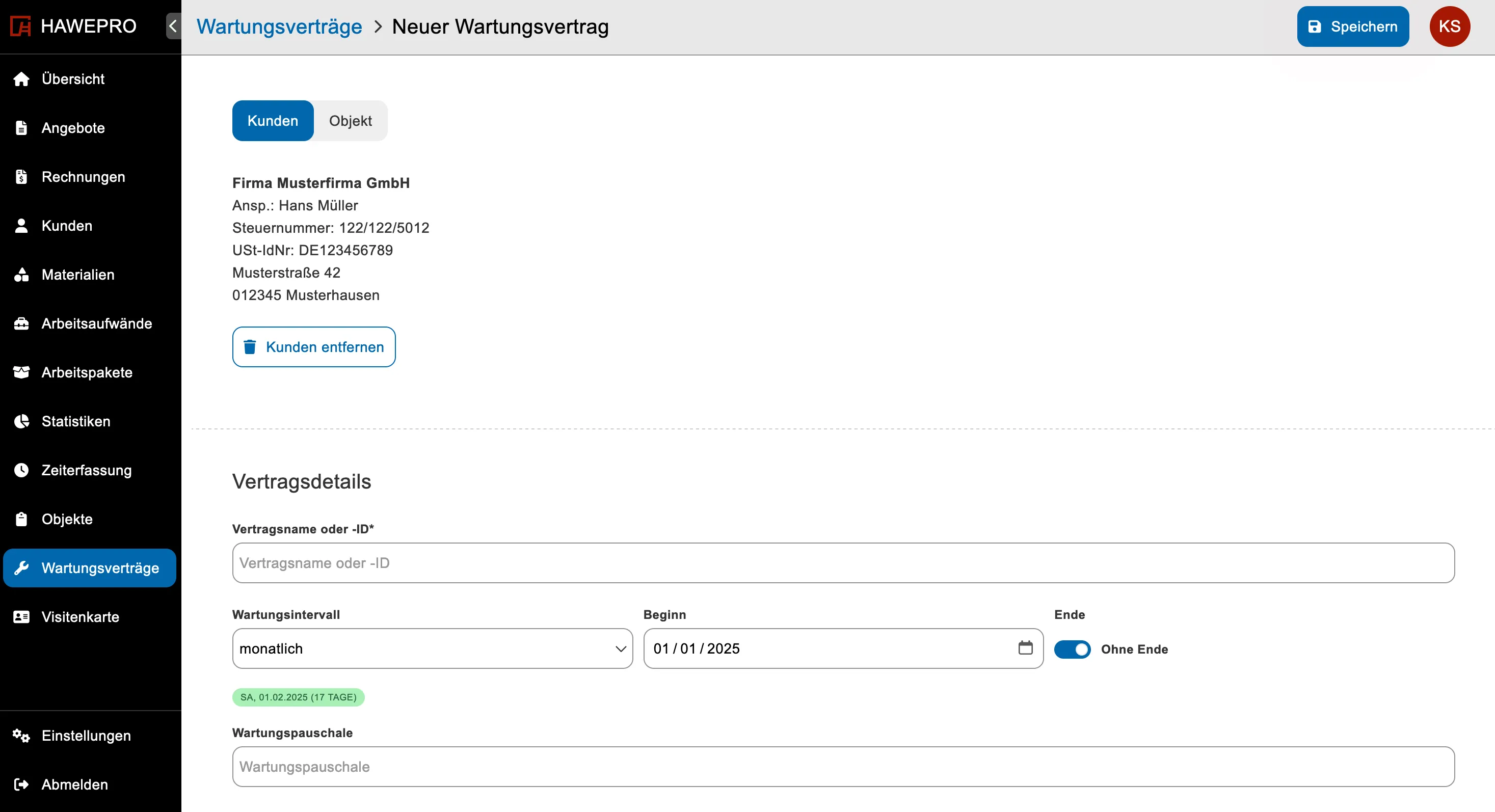 Wartungsvertrag erstellen mit der Handwerkersoftware Hawepro