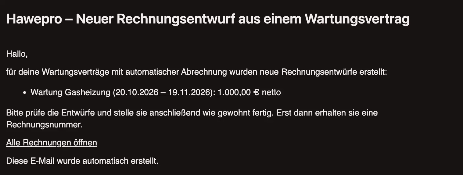 E-Mail-Benachrichtigung über einen neuen Rechnungsentwurf aus einem Wartungsvertrag